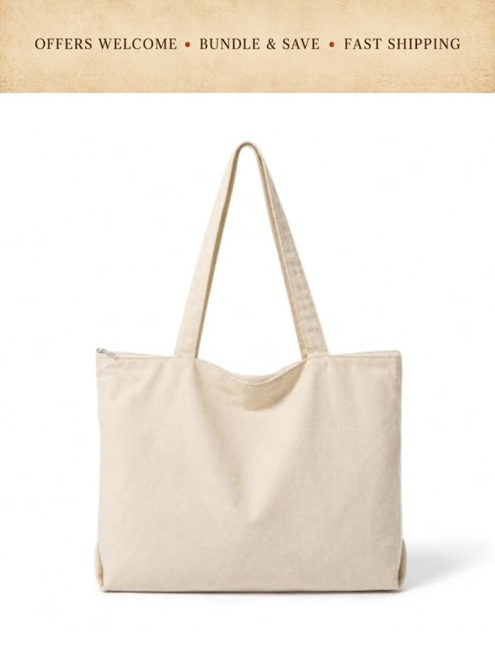 Heavy Duty Canvas Tote Bag with Zipper & Inner Pocket for Work Shopping
